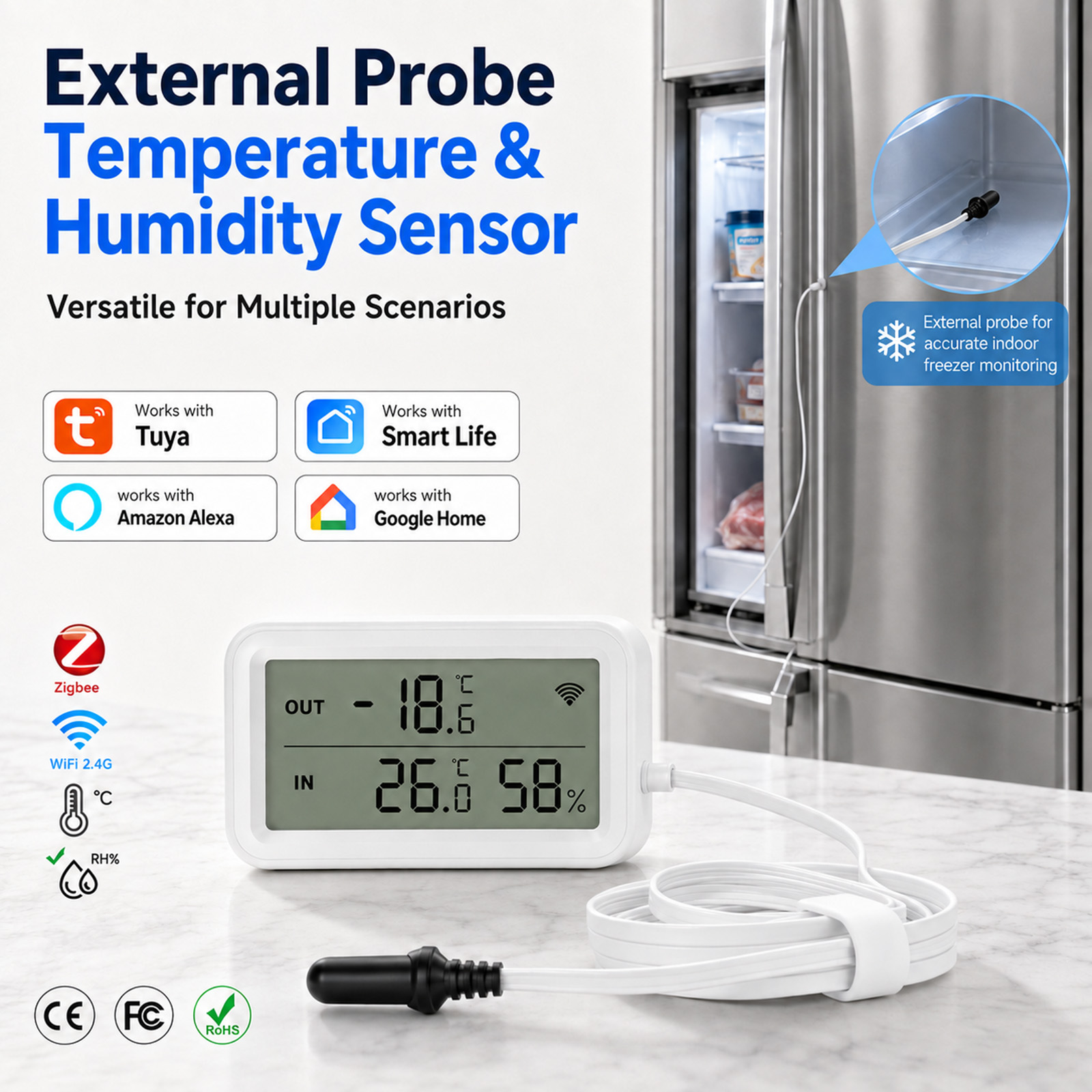 Digital Hygrometer Probe - เซ็นเซอร์วัดอุณหภูมิและความชื้นภายนอกแบบกันน้ำ Tuya WiFi Zigbee พร้อมหน้าจอ LCD